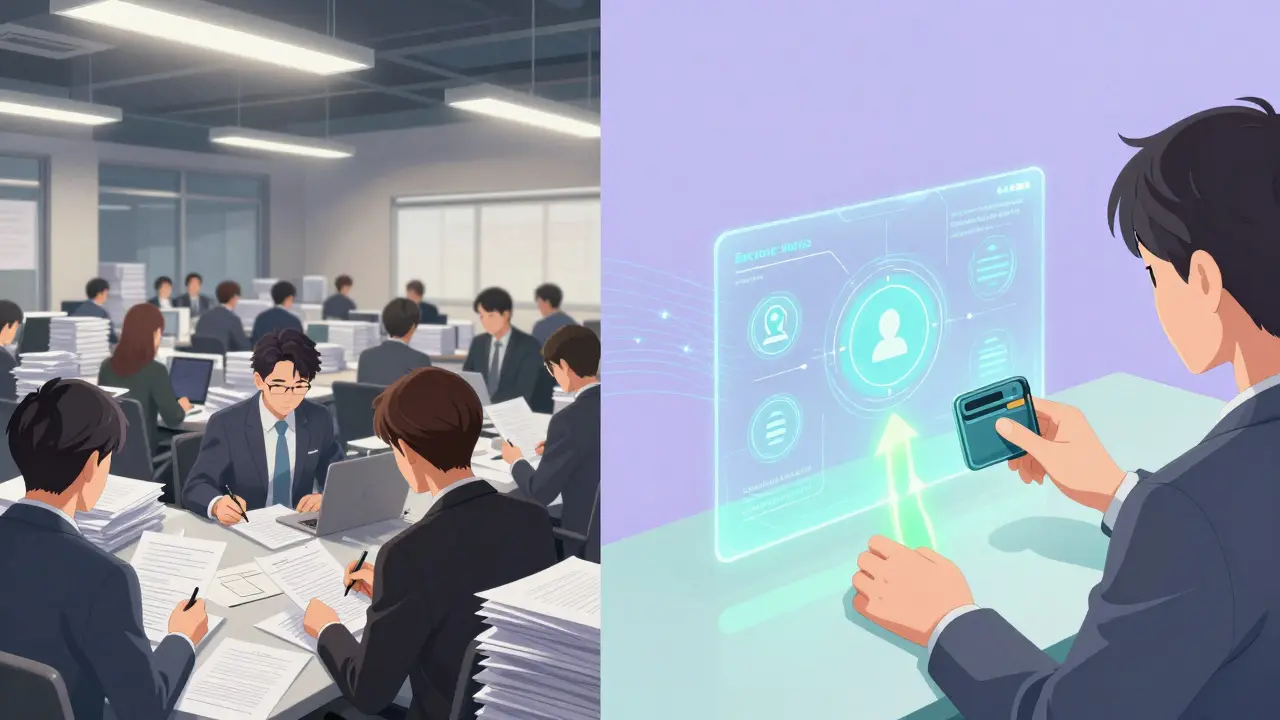 Contrast between chaotic traditional stock trading and clean, automated security token trading in anime style.