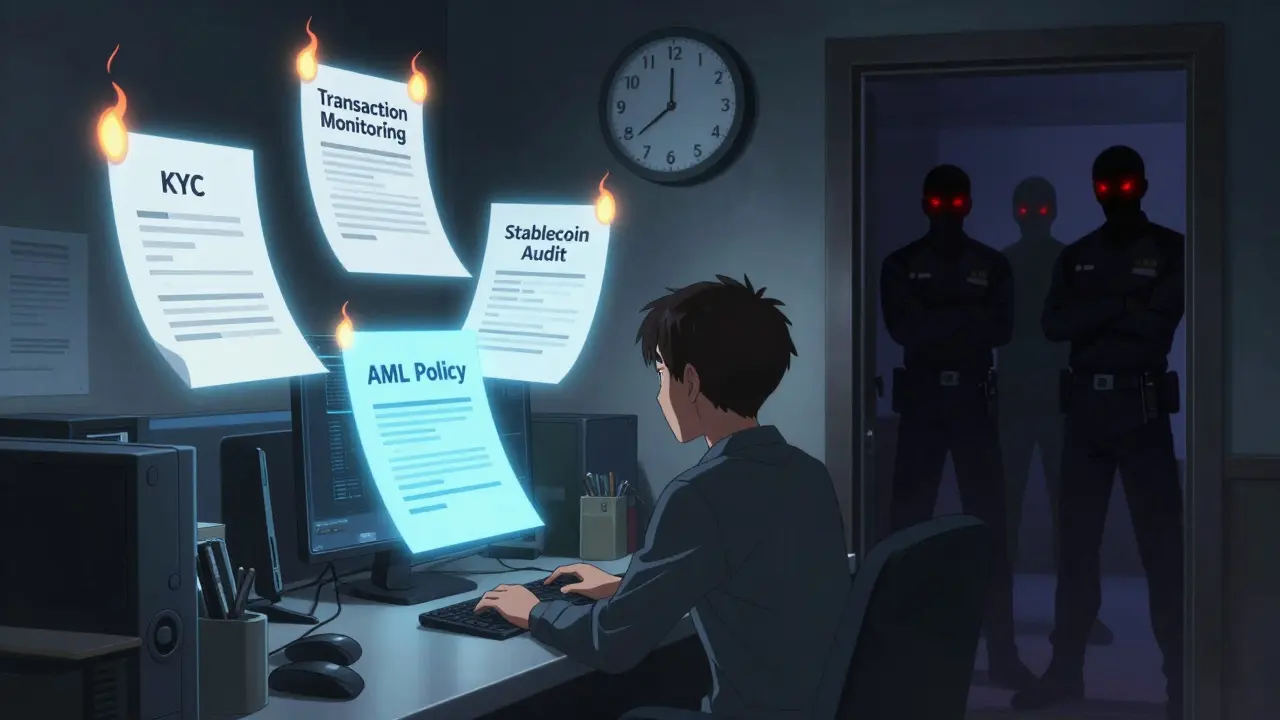 Developer surrounded by burning compliance documents under watchful regulator eyes.