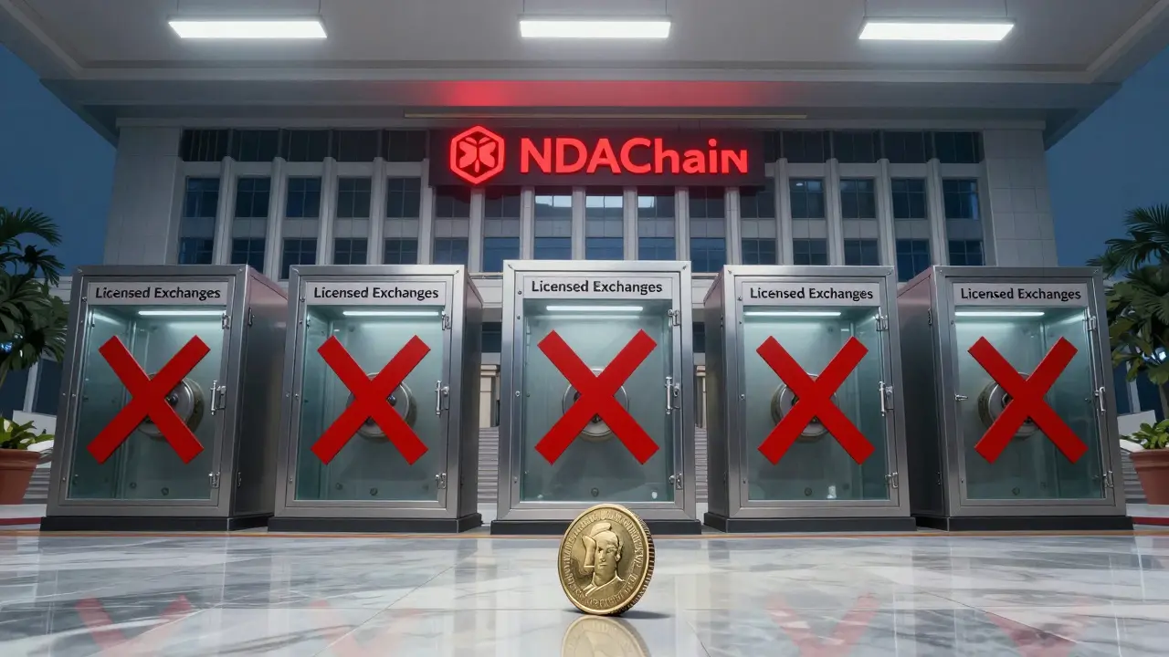 Five empty licensed exchange vaults in front of a government building with the NDAChain logo glowing red.