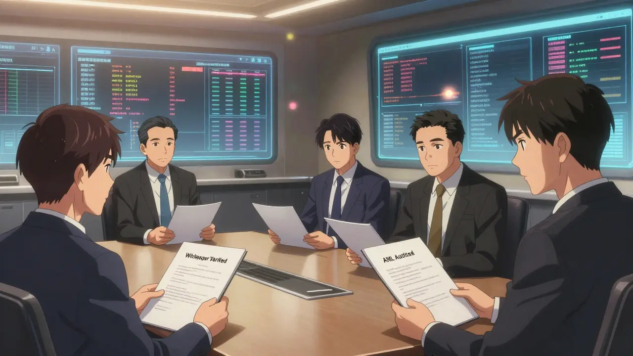 FSC officials and crypto exchange reps in a high-tech meeting reviewing compliance data in anime style.