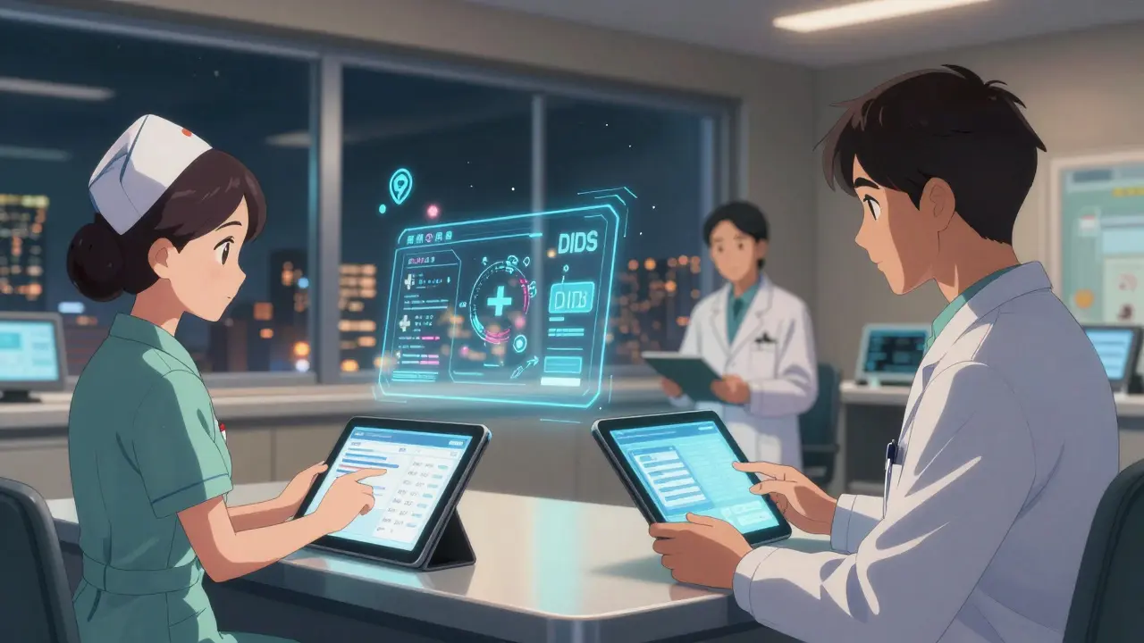 Healthcare workers verifying patient records using holographic verifiable credentials in a modern hospital.