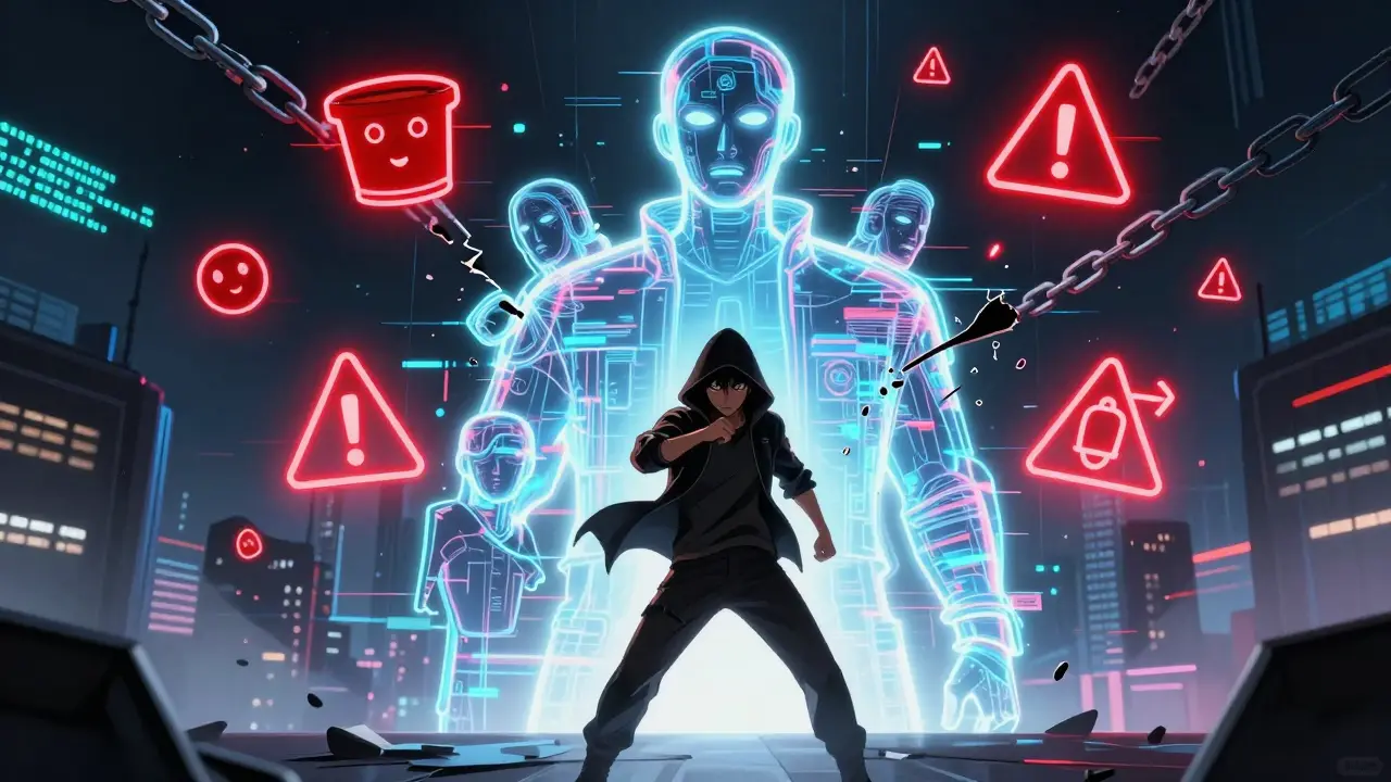 Hero confronts glitching AI hologram of fake crypto team, warning icons glowing red around them.