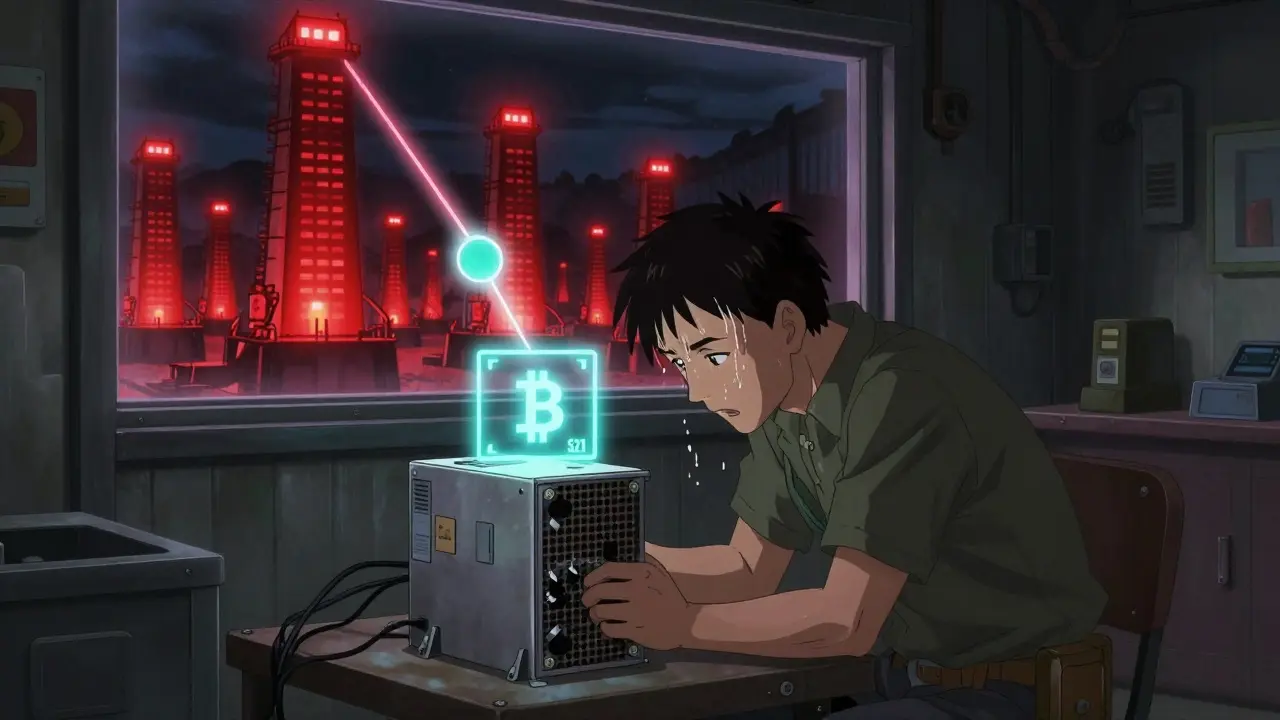 Lone miner in garage with falling Bitcoin payout, corporate mining farms glowing in the distance.