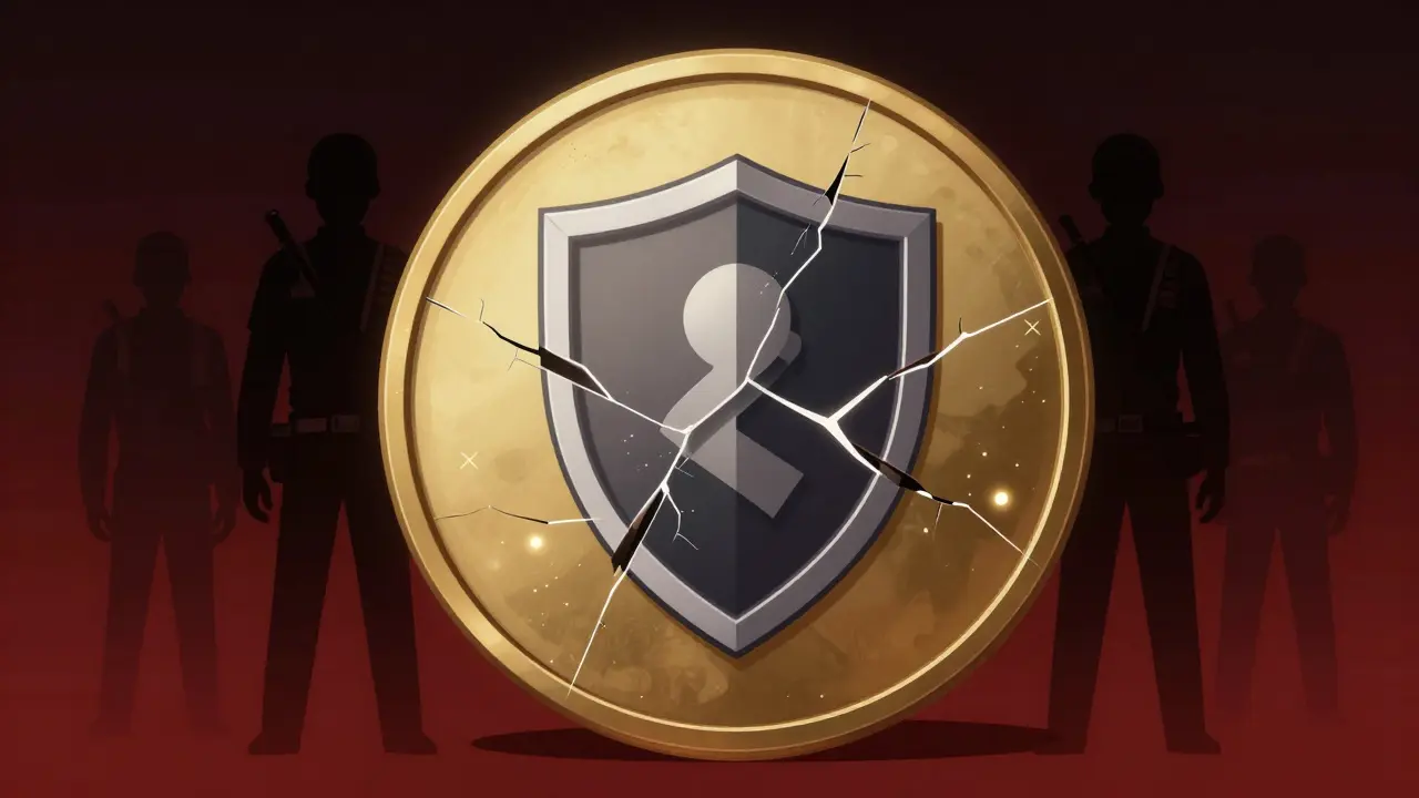 Monero coin with cracked shield being tracked by government figures