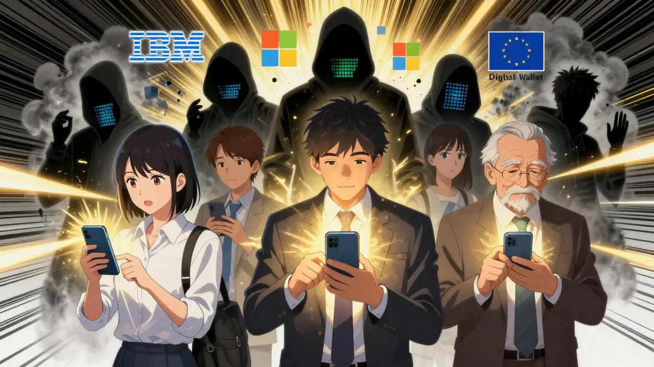 People unlocking services with their phones as outdated data breach threats vanish into digital ash.