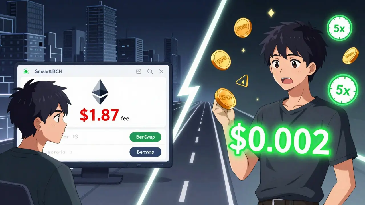 Split-screen comparison: frustrated Ethereum user vs. happy BenSwap user with near-zero fees and fast transactions.