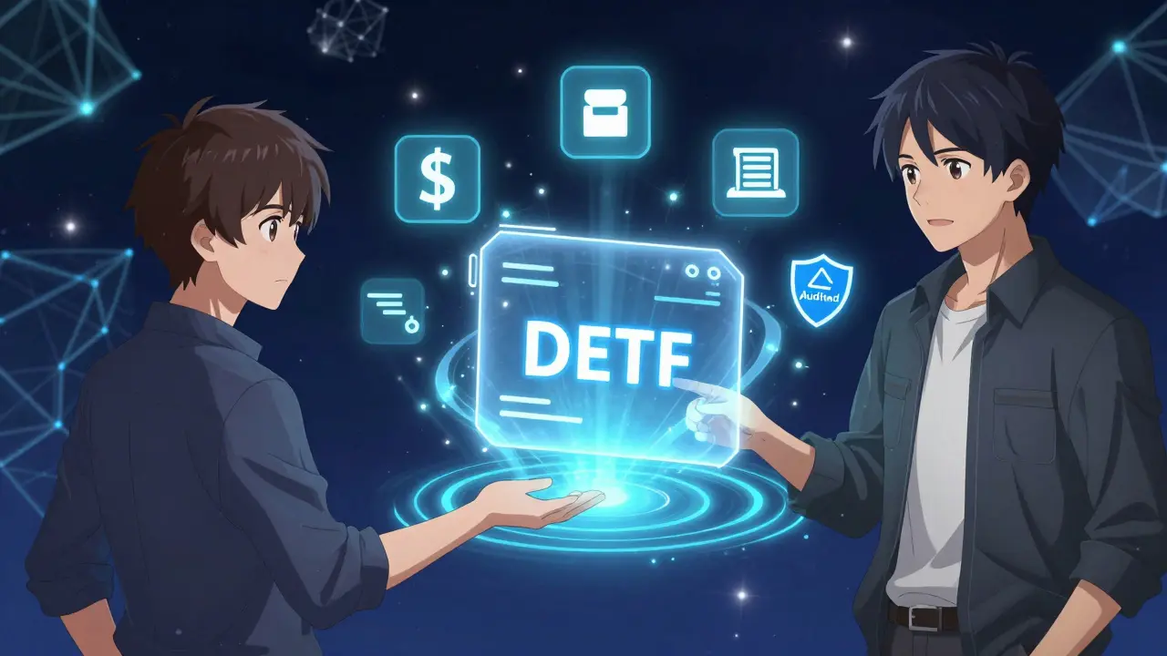 Two characters exchange DETF through a zero-fee portal with smart contract energy and governance icons.