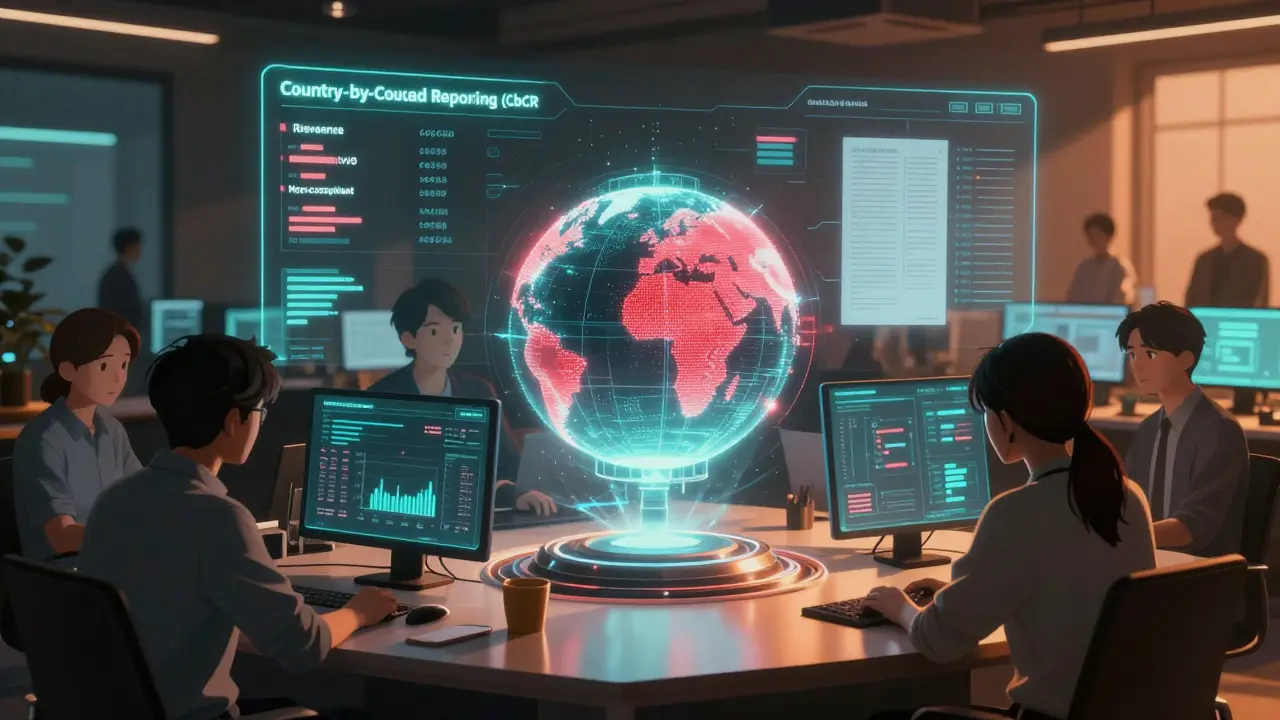 A blockchain team monitors holographic global tax compliance dashboards in a high-tech office, glowing with corporate reporting data.