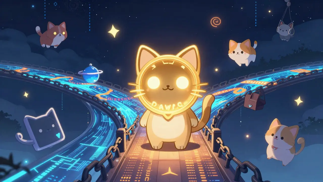 A cat-shaped PAWS token on a bridge between TON and Solana blockchains, with NFT pets floating nearby.