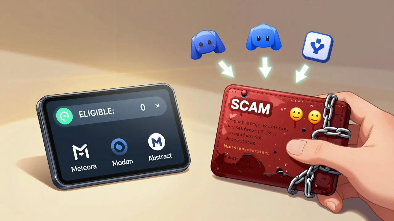 A clean Solana wallet with official project logos contrasts against a corrupted scam wallet filled with phishing links and red warning symbols.