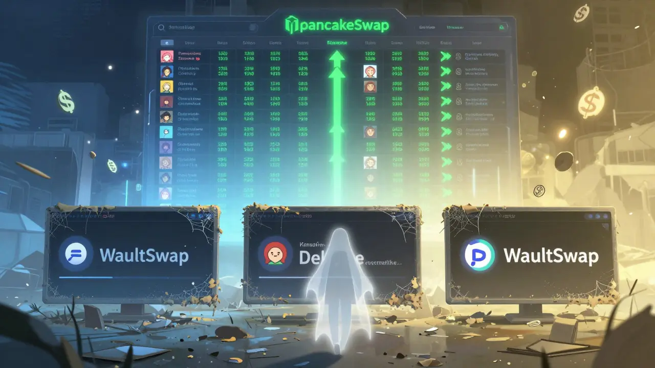 A deserted WaultSwap dashboard covered in dust, while PancakeSwap thrives with vibrant activity behind it.