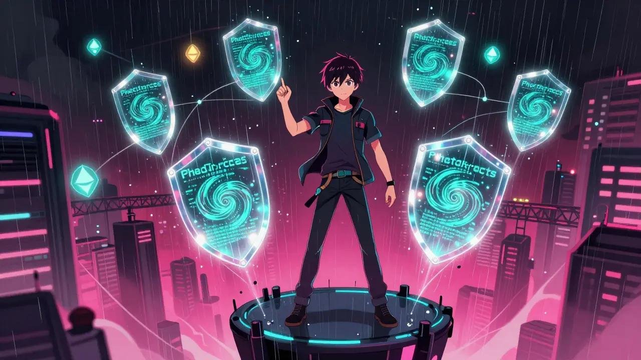 A developer creating protected smart contracts in a cyberpunk city, with decentralized networks glowing in the sky.