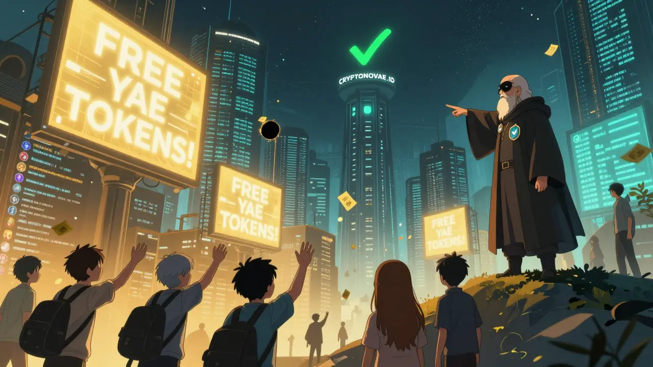 A digital city filled with fake airdrop ads, while a wise figure points toward a verified official website tower in the distance.