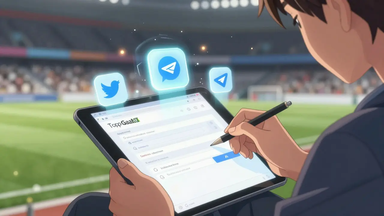 A fan submitting a digital form with social media icons floating around as a TopGoal NFT materializes.