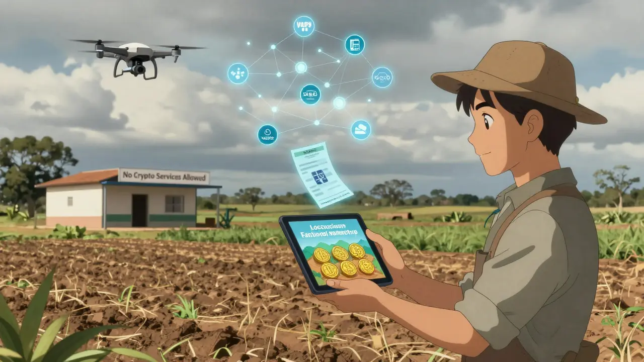 A farmer in Córdoba holds digital land tokens, with blockchain networks glowing above while a silent bank building stands abandoned in the background.