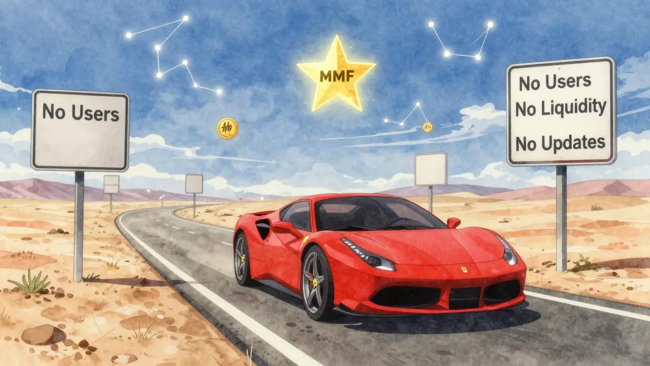 A Ferrari with one tire driving through a blockchain desert as a fading MMF token drifts like a dying star.