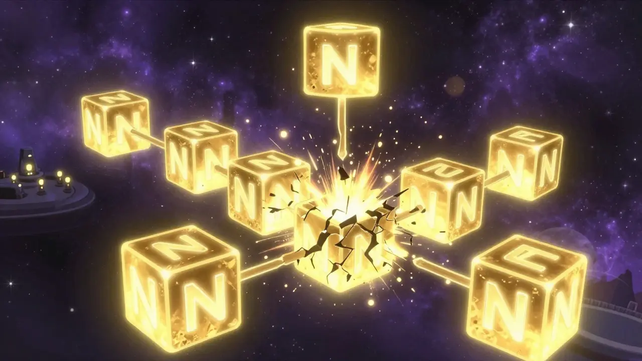 A glowing blockchain chain in space with one block exploding into digital particles as a golden nonce succeeds.