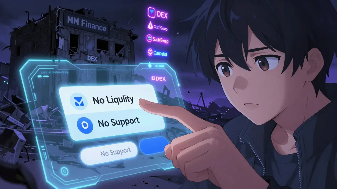 A hand hesitating to confirm a trade on MM Finance with warning messages and abandoned DEX ruins in the background.