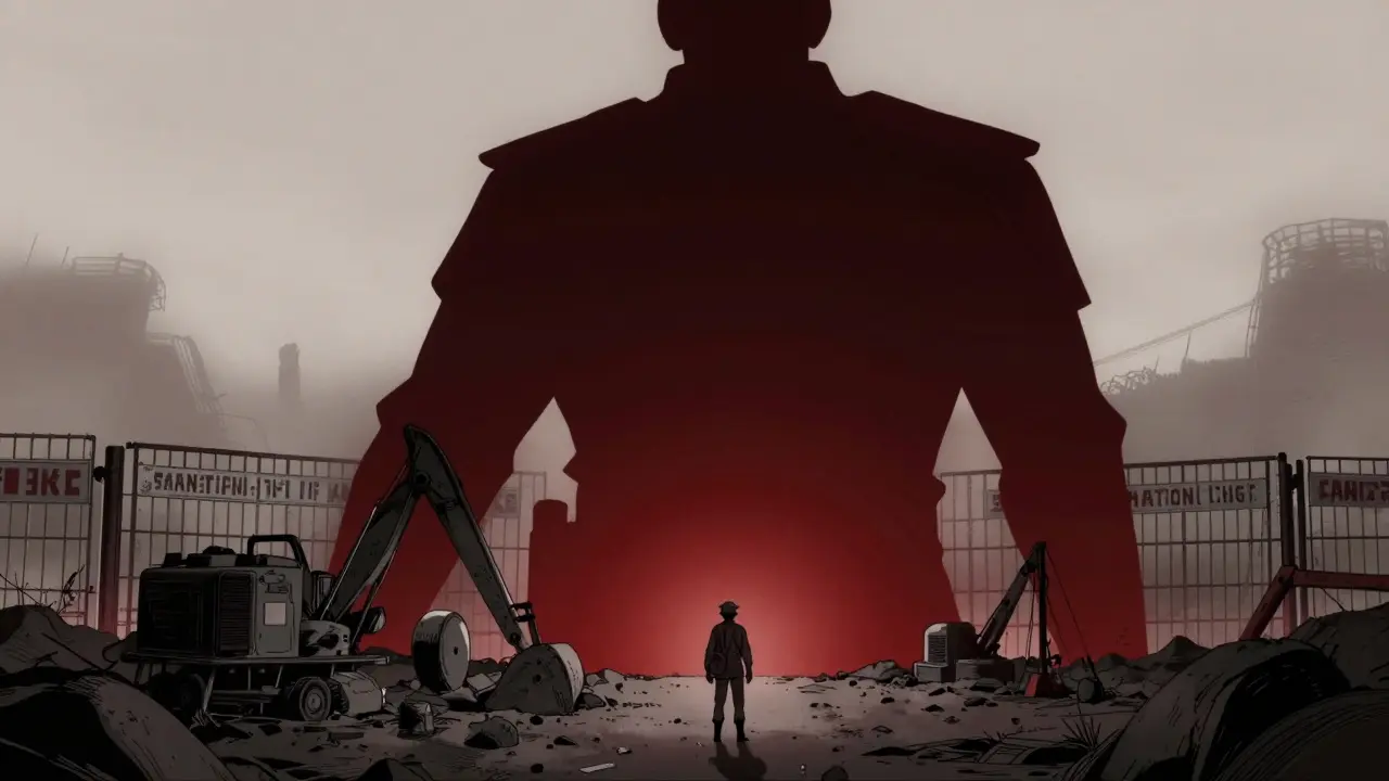 A large shadowy silhouette looming over small mining equipment in a room.