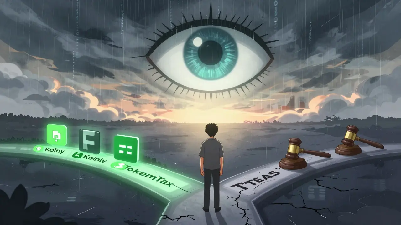 A person stands at a crossroads, one path lit by tax tools, the other dark with penalties, as a giant eye watches from above.