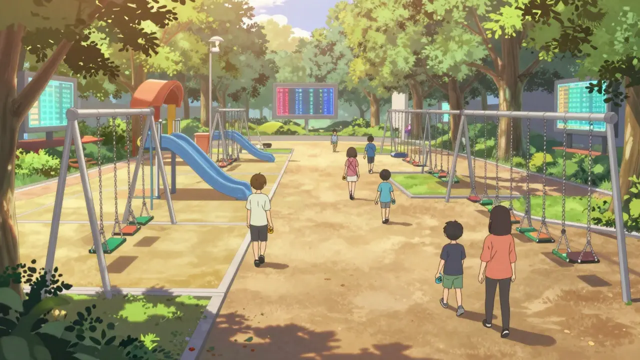 A serene digital park at sunrise, people walking with PAWS tokens, calm and quiet, no crowds.