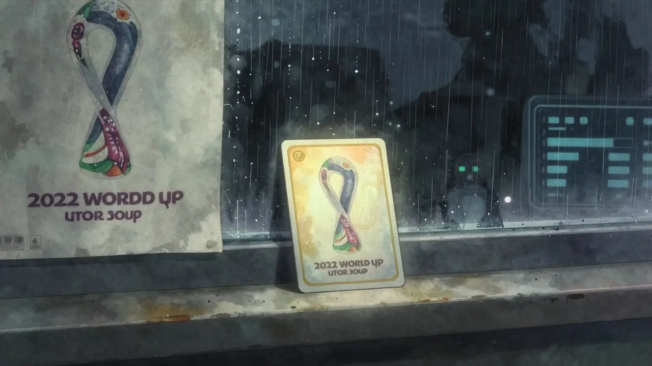 A single TopGoal NFT resting on a shelf beside a faded World Cup poster, rain streaking a window.