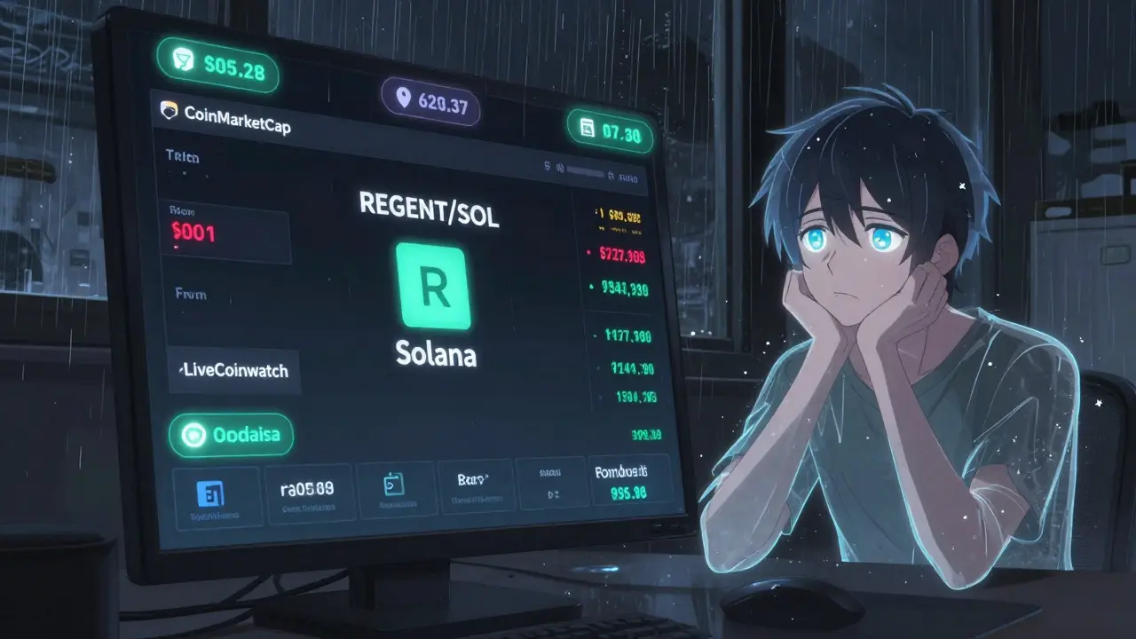 A Solana wallet screen showing fluctuating REGENT prices, with an AI avatar watching silently as trading data rains around it.