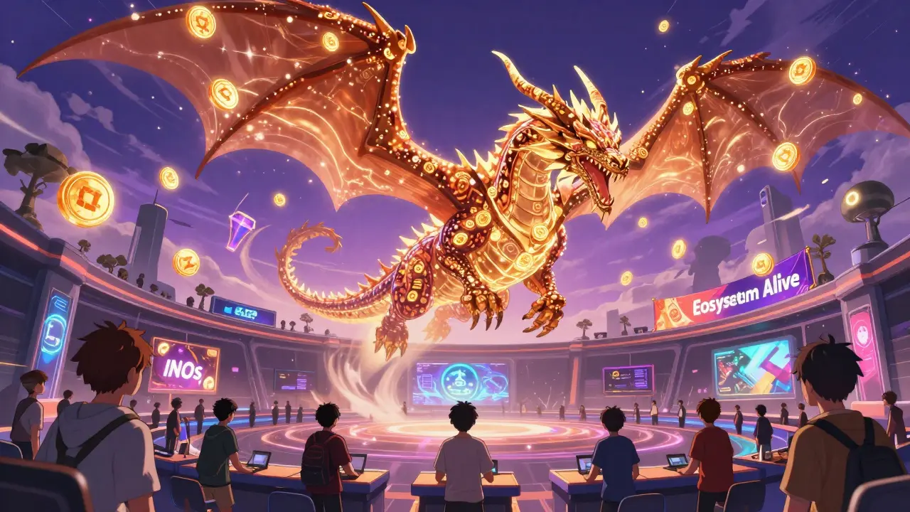 A token dragon soaring over a game launch arena, with players receiving exclusive access.