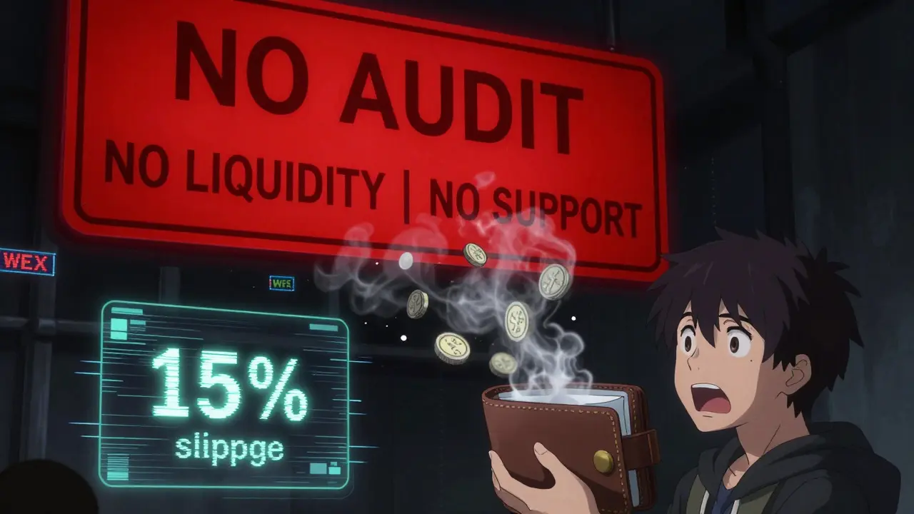 A user watches tokens vanish into smoke as warnings float above a glitching trading interface.