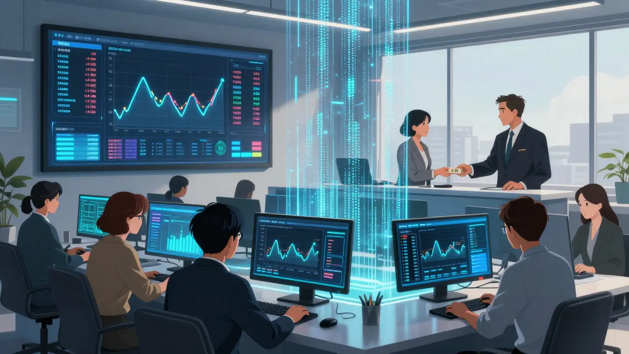 A VASP operations center in Buenos Aires monitors real-time crypto transactions, separated visually from a distant, inactive bank building.