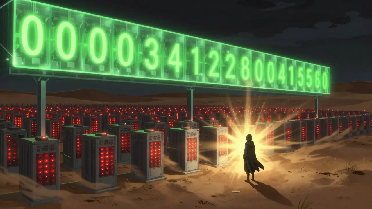 A vast desert mining farm with thousands of ASIC machines and a giant nonce counter spinning above under a starry sky.