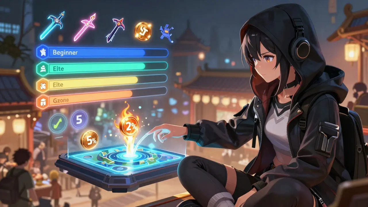 A young gamer interacting with a tiered GameZone dashboard as NFTs float around her.