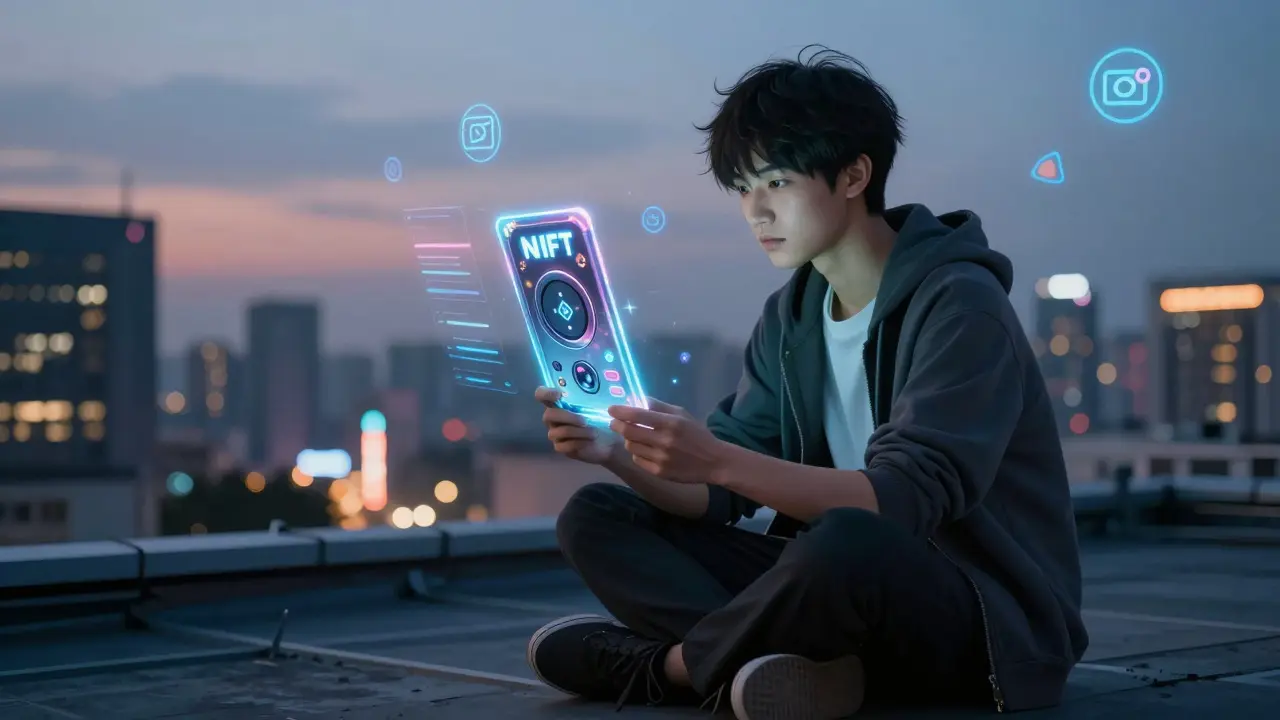 A young person holding a shimmering NFT player card on a rooftop at dusk, city lights glowing behind them.