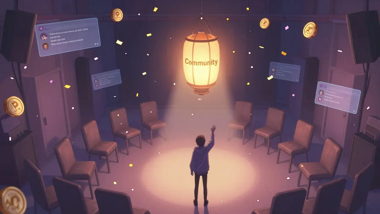 An empty digital party hall with fading POLA token confetti and a lone lantern labeled 'Community' hanging in the center.