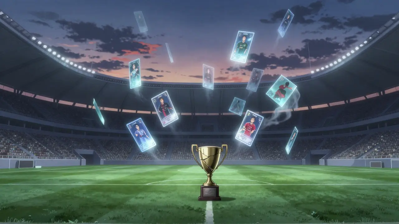 An empty virtual football stadium with translucent NFT cards drifting like ghosts under a twilight sky.