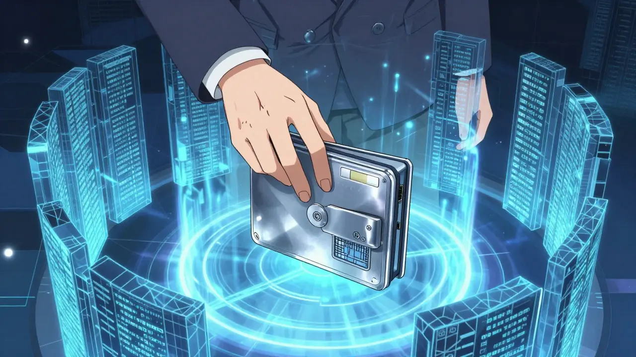 Anime art showing hardware wallet protected by energy shield.