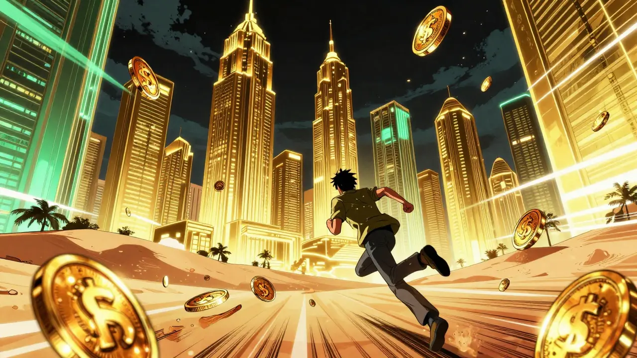 Character running through neon desert city with floating coins.