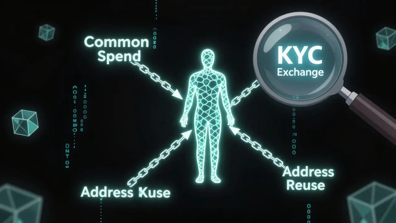 Cluster of wallet addresses merging into one silhouette, with data markers for common spend and address reuse patterns.
