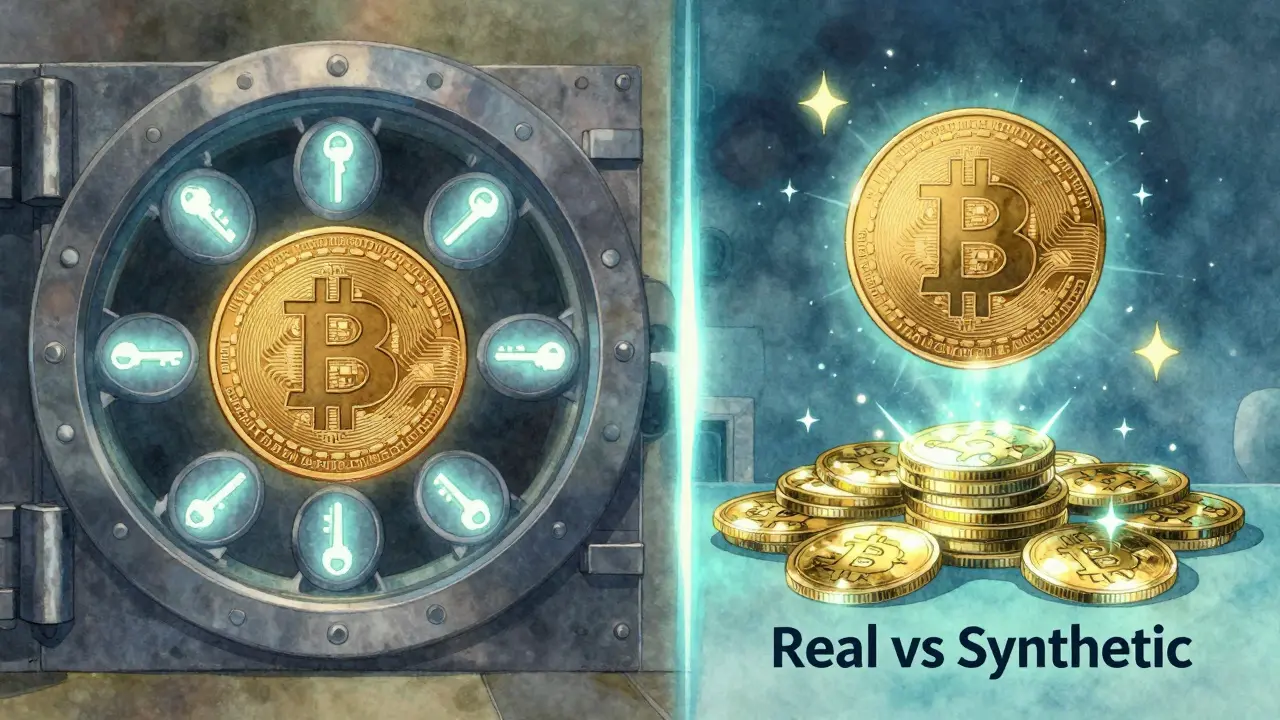 Contrasting real iBTC in a multisig vault with synthetic Cardano iBTC above staking ADA coins, showing two different blockchain systems.