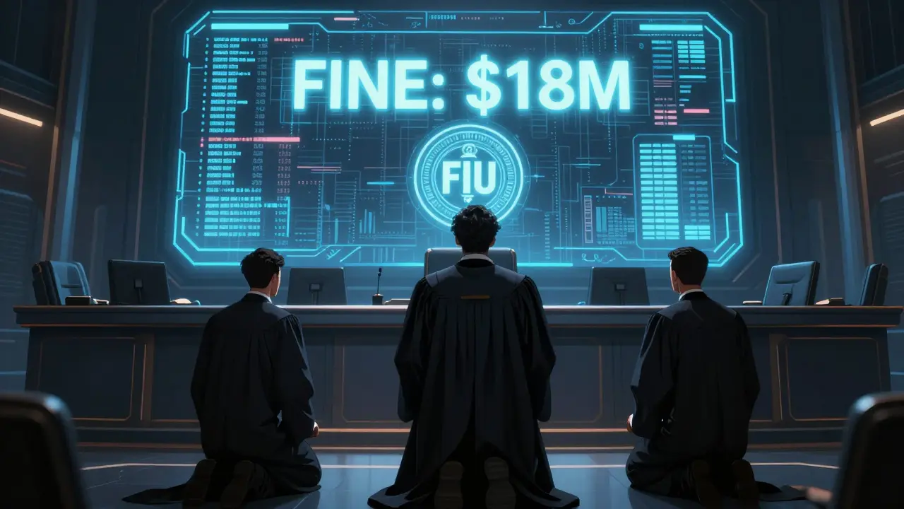 Crypto executives facing a M fine in a high-tech Dubai courtroom with blockchain data projections