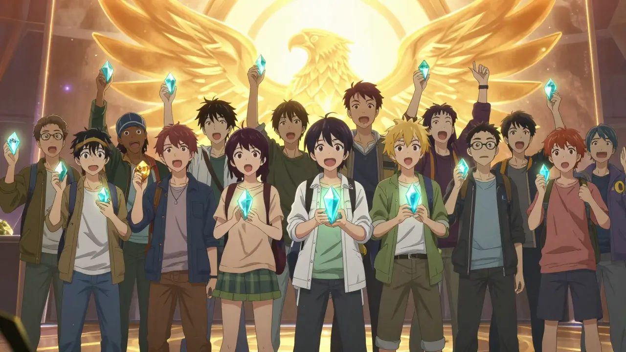 Diverse anime crowd celebrating with glowing tokens together.
