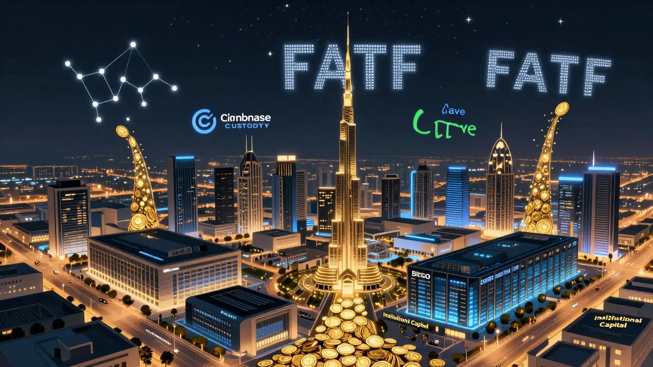 Dubai's crypto data centers glowing at night with European DeFi logos and institutional capital flowing in