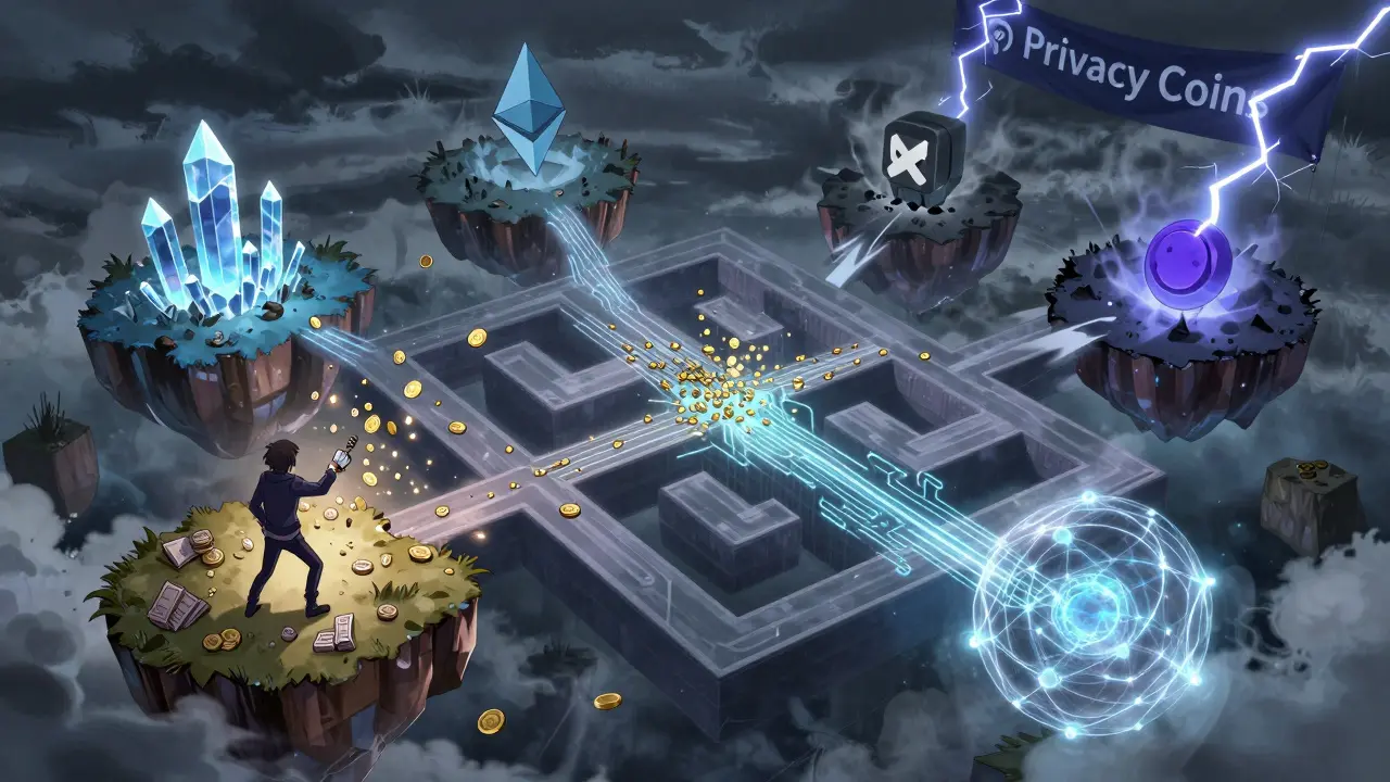 Funds jumping between blockchain islands, a mixer scattering coins, while an AI tries to reconstruct the trail amid static.