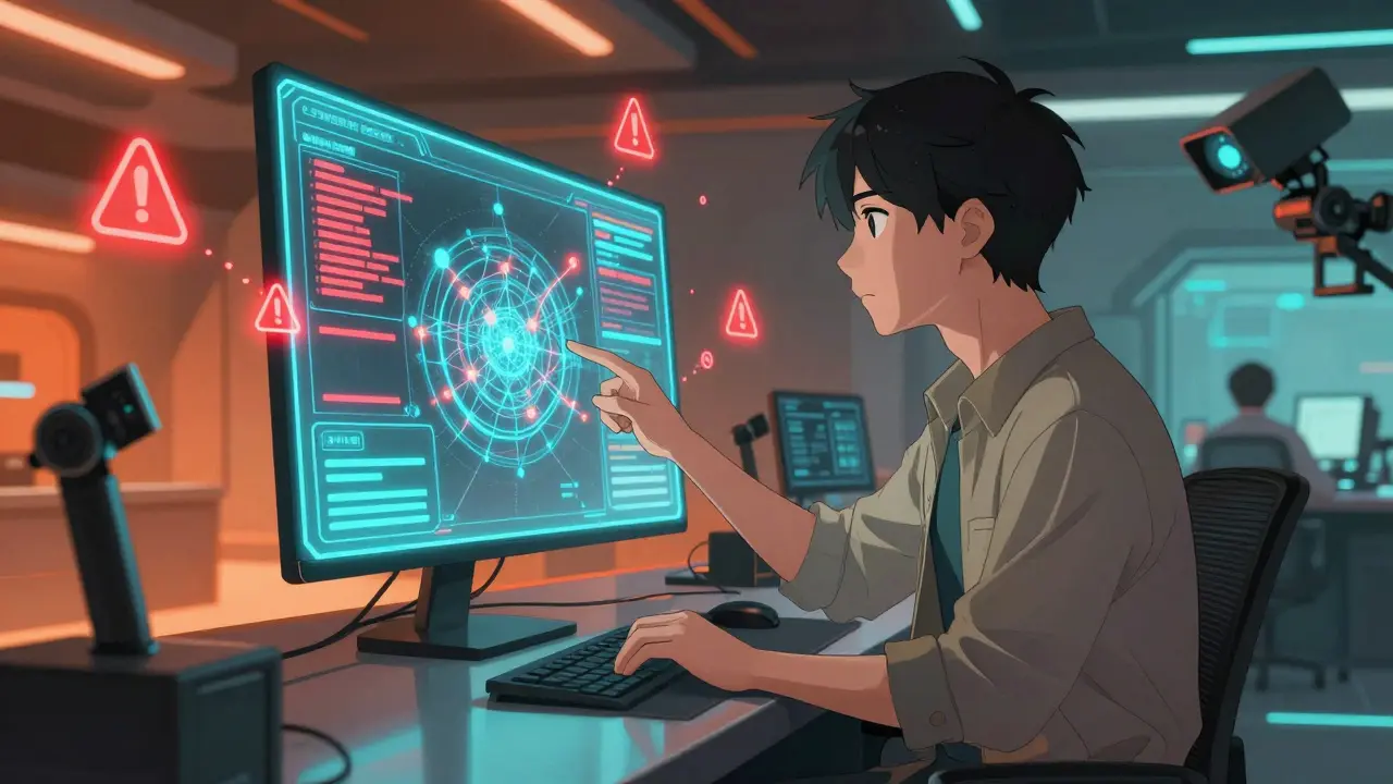 Futuristic anime scene with AI monitoring data streams.