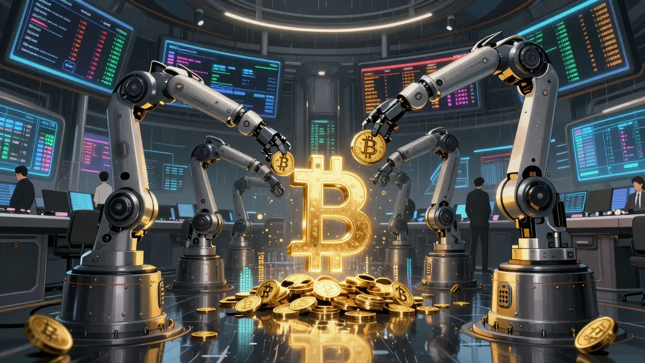 Futuristic trading floor with robotic arms transferring iBTC tokens on the Canton Network, holographic dashboards, and anonymous traders.