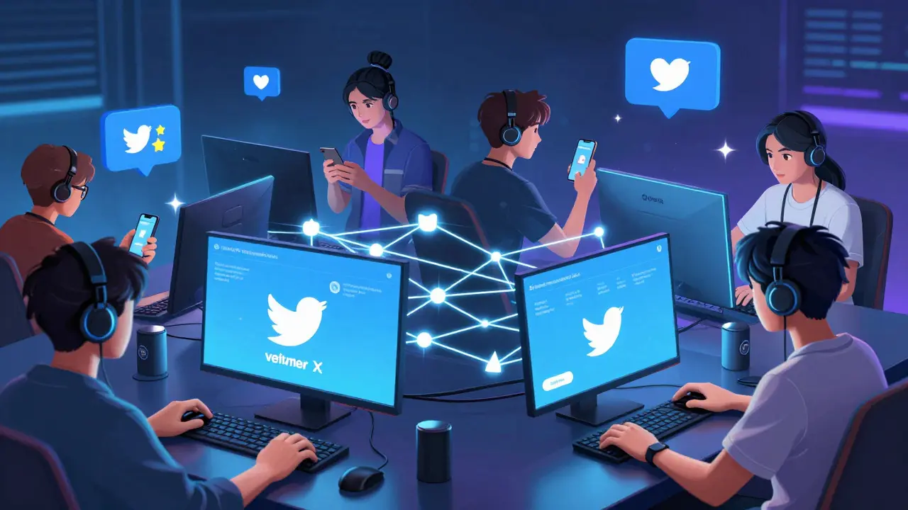 Gamers engaging on social media with glowing connection lines