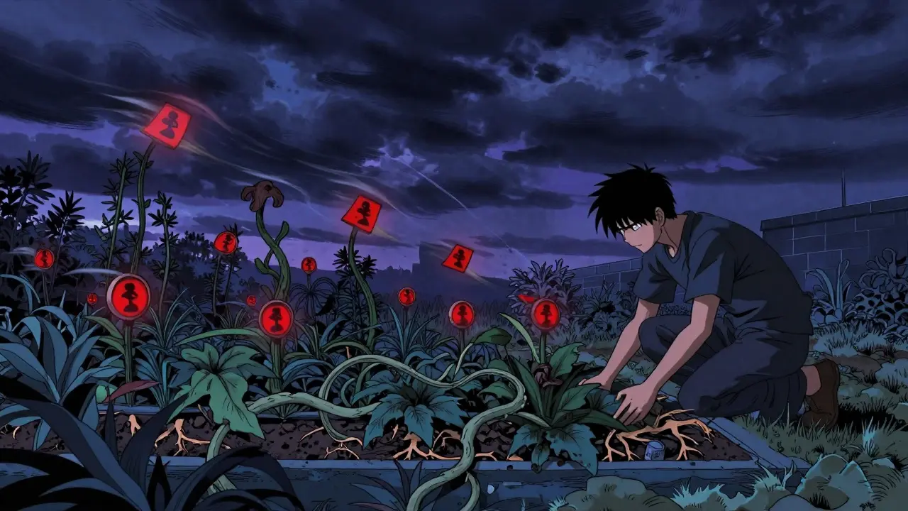 Gardener tending token plants under stormy clouds of risk.