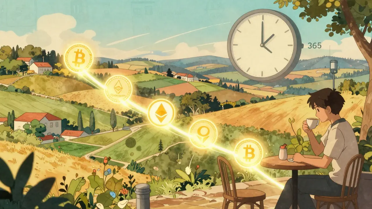 Glowing cryptocurrency tokens swapping seamlessly in a chain, with no tax symbols, against a Portuguese countryside backdrop.