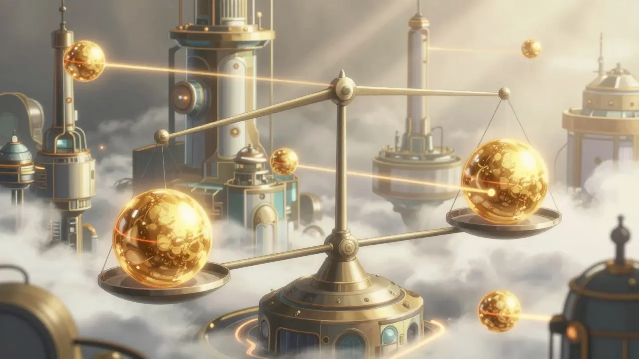 Golden spheres circulating through glowing conduits architecture