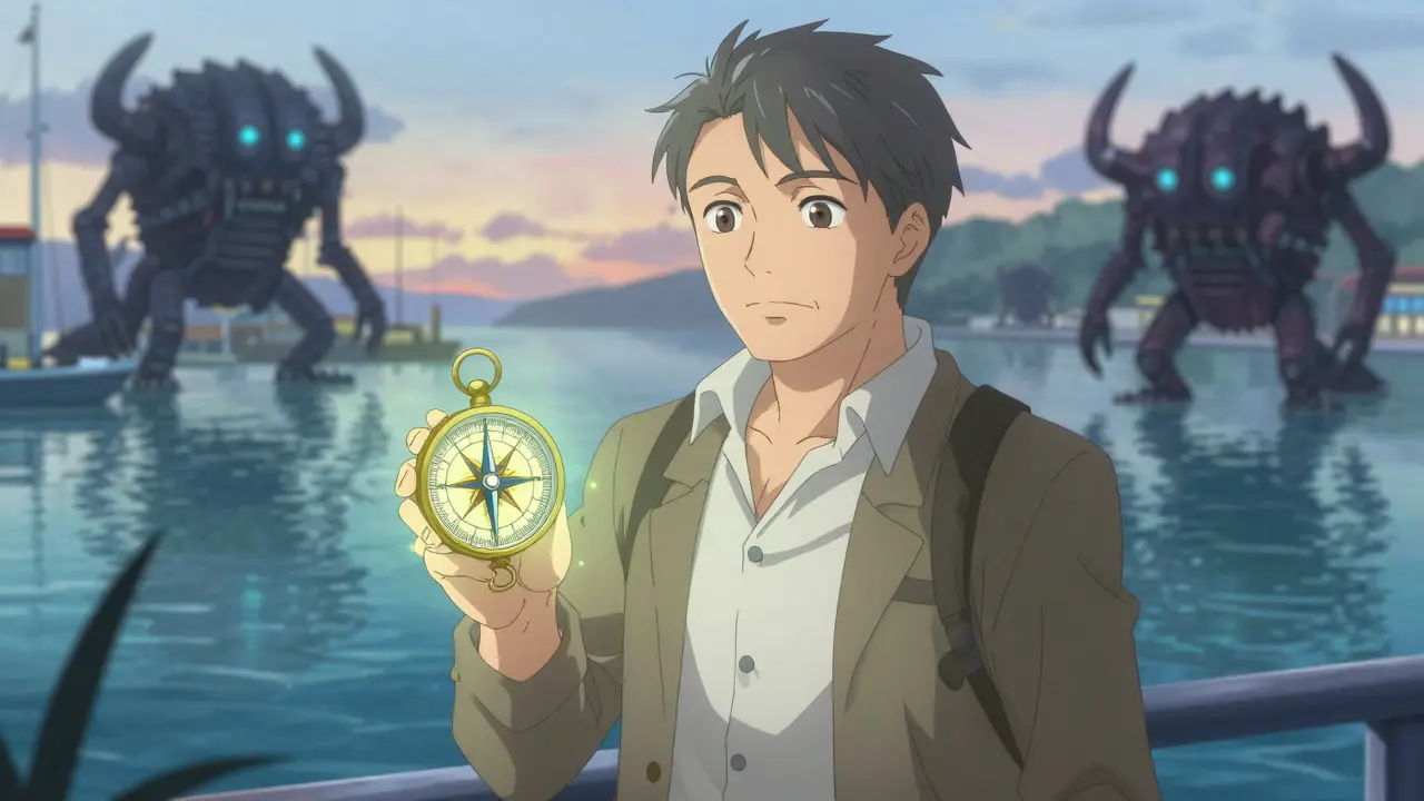 Navigator holding compass warding off monsters in calm harbor.